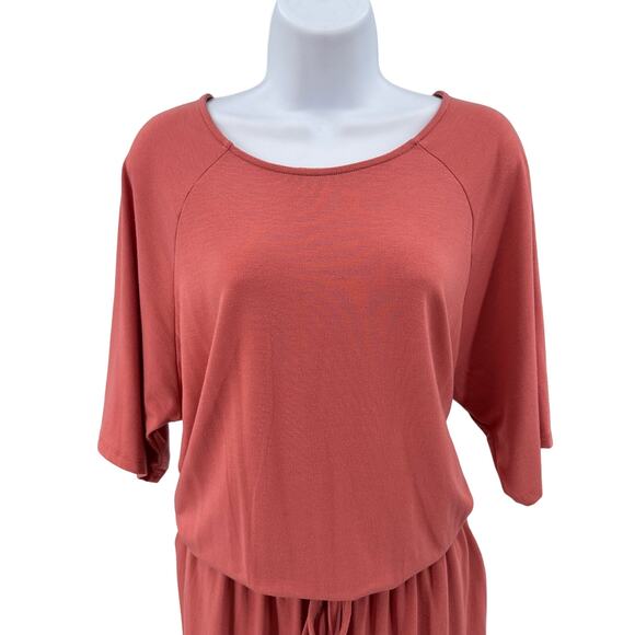 Coral Pink Short Sleeve Wide Leg Drawstring Jumpsuit Womens Tie Back Round Neck - Picture 3 of 10